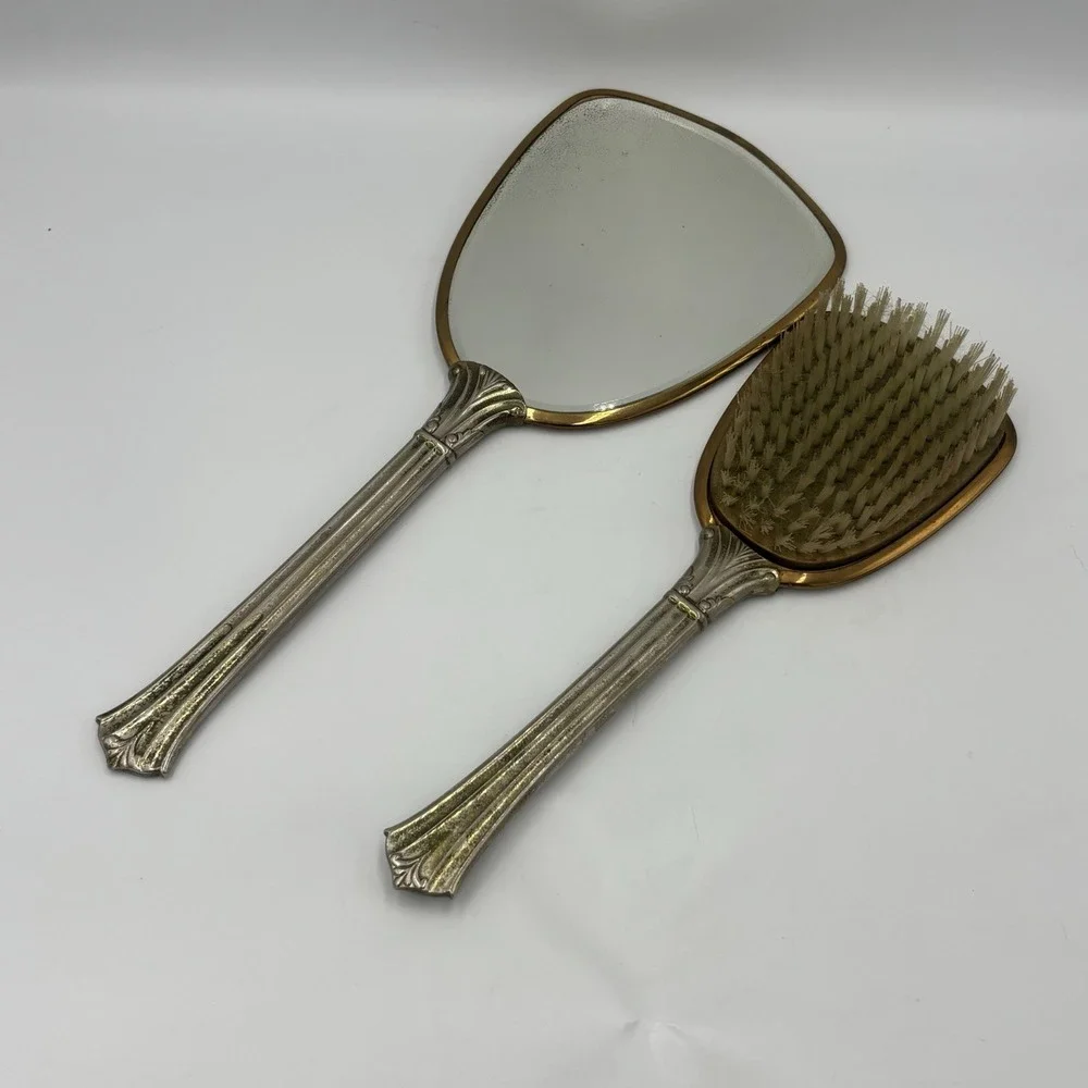 Vintage Victorian Style‎ Vanity Hand Mirror And Brush Set Silver and Gold Tone